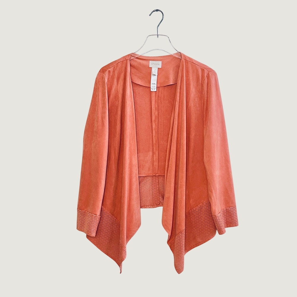 Chico's Women's Deep Peach Soft Faux Suede Open Front Draped Jacket Fall